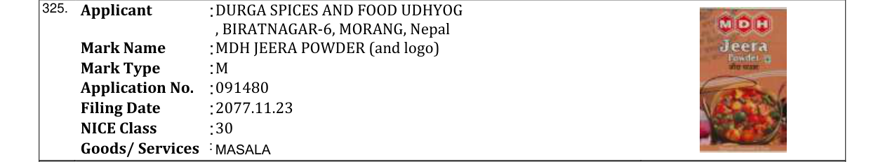 Original bulletin entry for MDH JEERA POWDER (and logo)