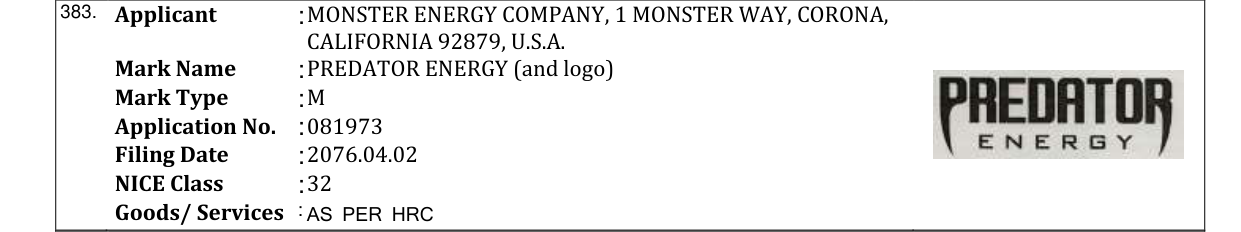 Original bulletin entry for PREDATOR ENERGY (and logo)