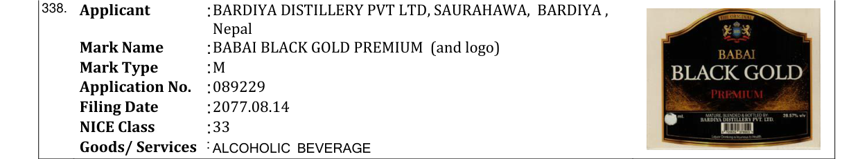 Original bulletin entry for BABAI BLACK GOLD PREMIUM (and logo)