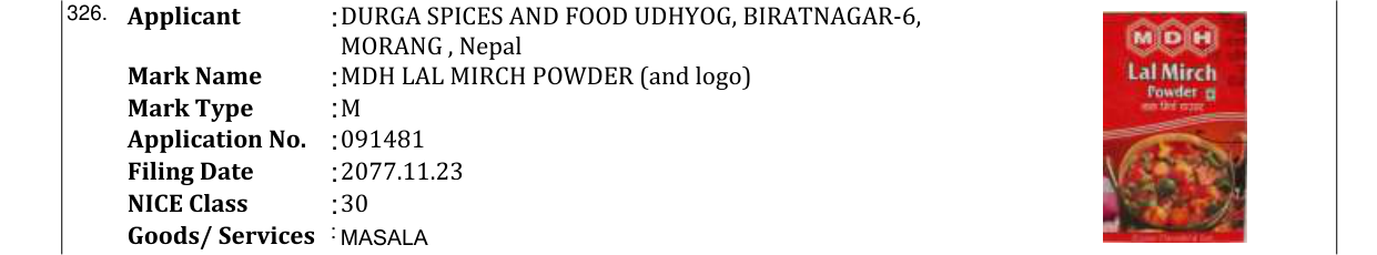 Original bulletin entry for MDH LAL MIRCH POWDER (and logo)