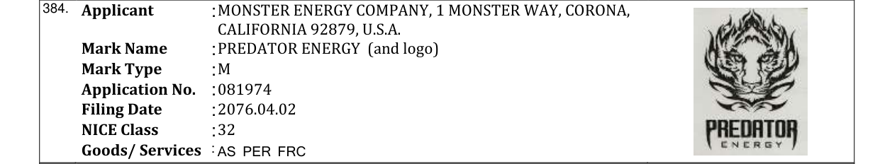 Original bulletin entry for PREDATOR ENERGY (and logo)