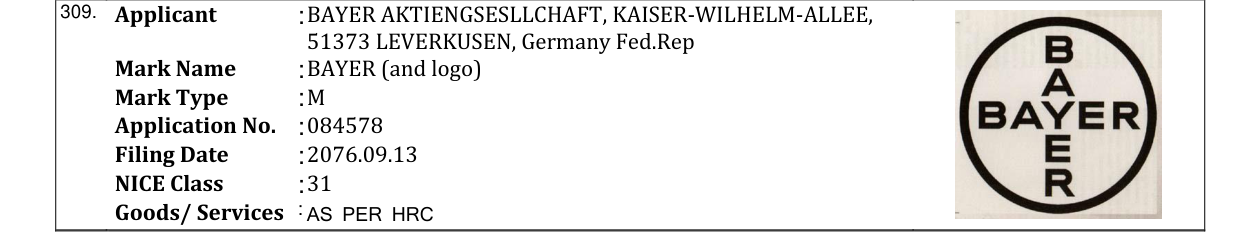 Original bulletin entry for BAYER (and logo)