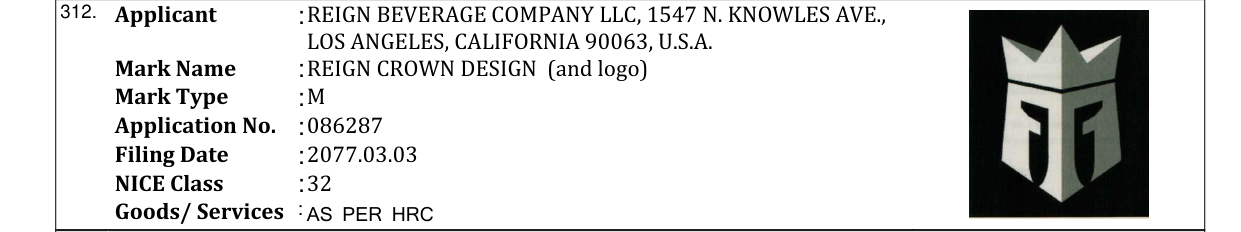 Original bulletin entry for REIGN CROWN DESIGN (and logo)