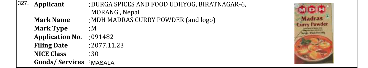 Original bulletin entry for MDH MADRAS CURRY POWDER (and logo)