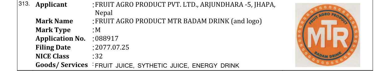 Original bulletin entry for FRUIT AGRO PRODUCT MTR BADAM DRINK (and logo)