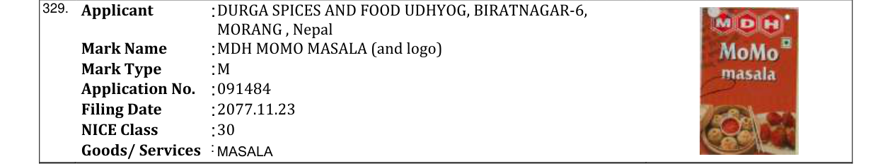 Original bulletin entry for MDH MOMO MASALA (and logo)