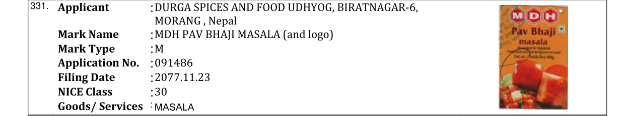 Original bulletin entry for MDH PAV BHAJI MASALA (and logo)