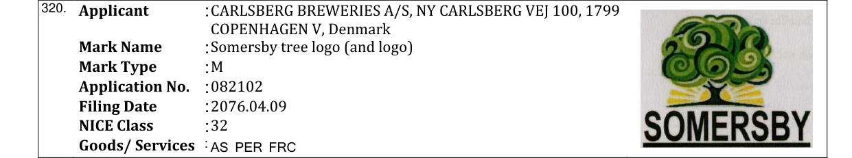Original bulletin entry for Somersby tree logo (and logo)