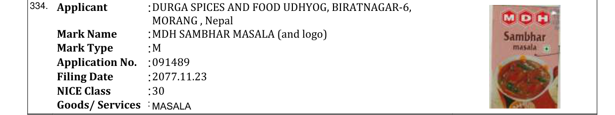 Original bulletin entry for MDH SAMBHAR MASALA (and logo)