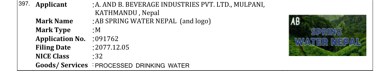 Original bulletin entry for AB SPRING WATER NEPAL (and logo)