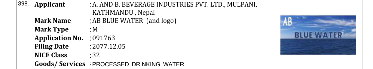 Original bulletin entry for AB BLUE WATER (and logo)