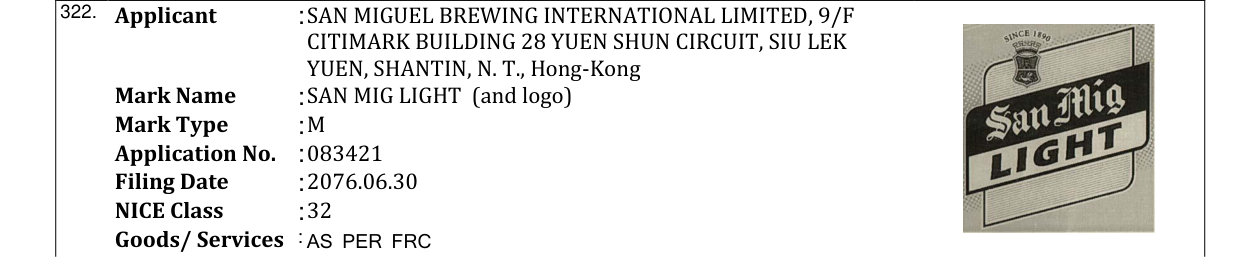 Original bulletin entry for SAN MIG LIGHT (and logo)