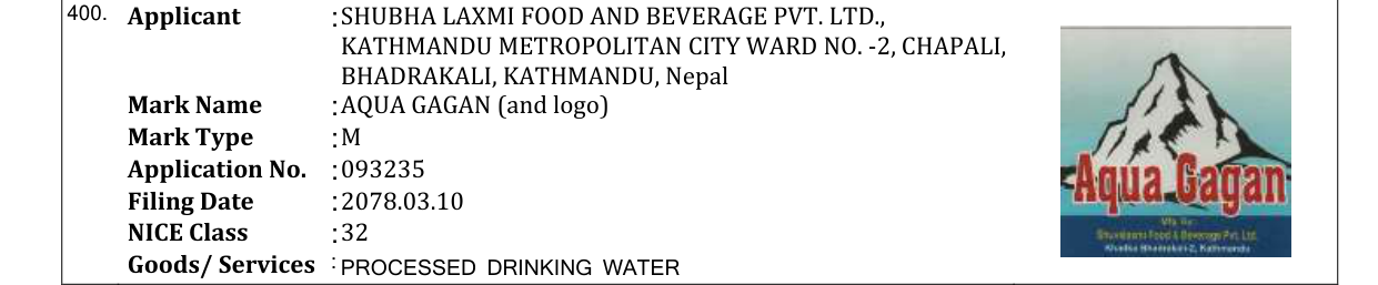 Original bulletin entry for AQUA GAGAN (and logo)