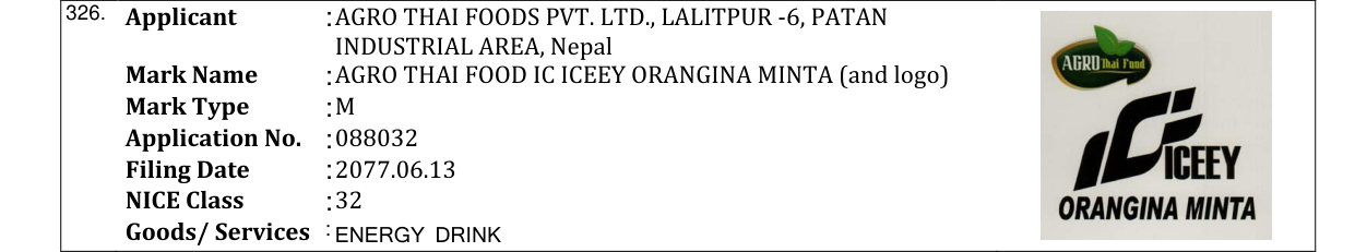 Original bulletin entry for AGRO THAI FOOD IC ICEEY ORANGINA MINTA (and logo)
