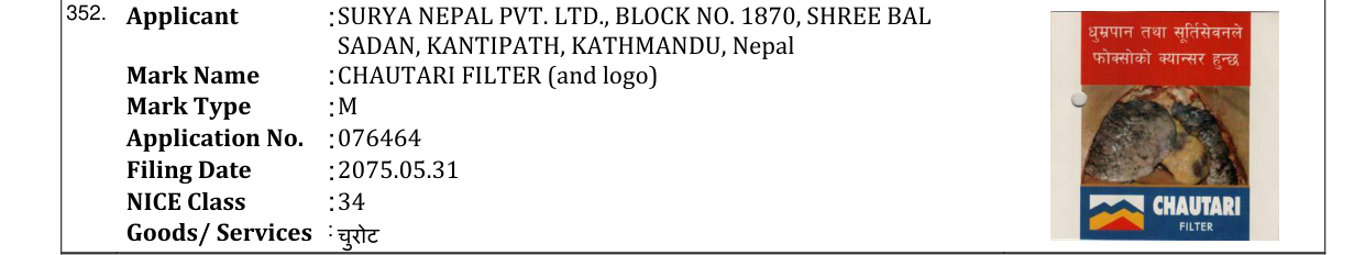 Original bulletin entry for CHAUTARI FILTER (and logo)
