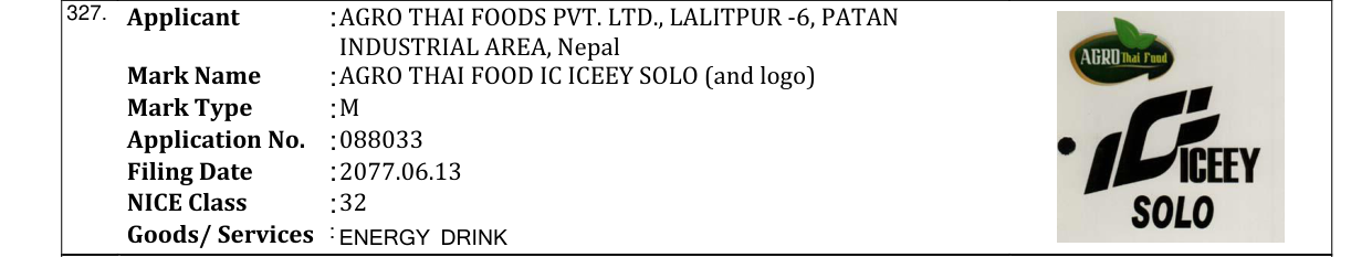 Original bulletin entry for AGRO THAI FOOD IC ICEEY SOLO (and logo)