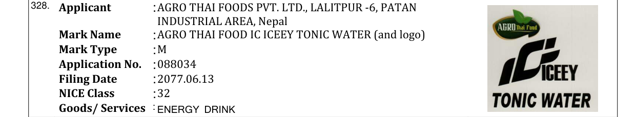 Original bulletin entry for AGRO THAI FOOD IC ICEEY TONIC WATER (and logo)