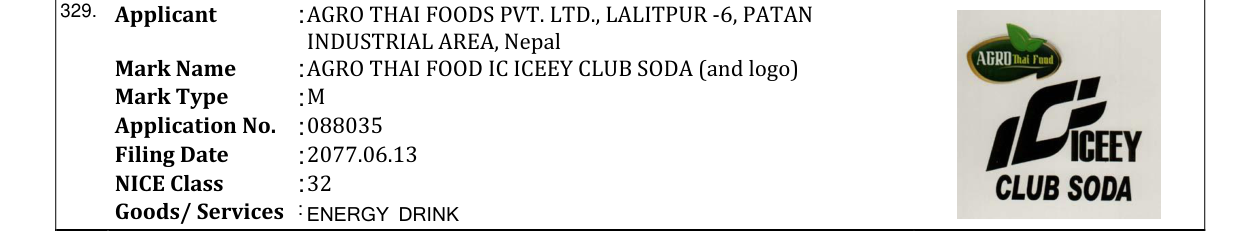 Original bulletin entry for AGRO THAI FOOD IC ICEEY CLUB SODA (and logo)