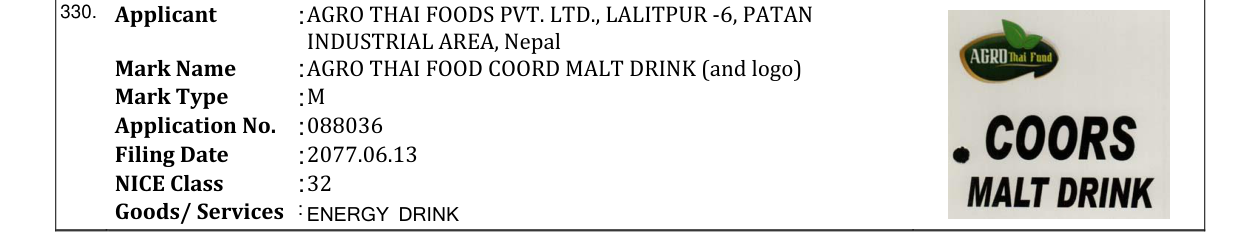 Original bulletin entry for AGRO THAI FOOD COORD MALT DRINK (and logo)