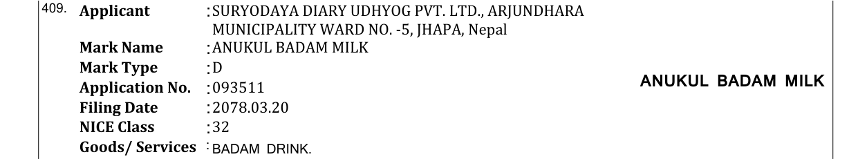 Original bulletin entry for ANUKUL BADAM MILK