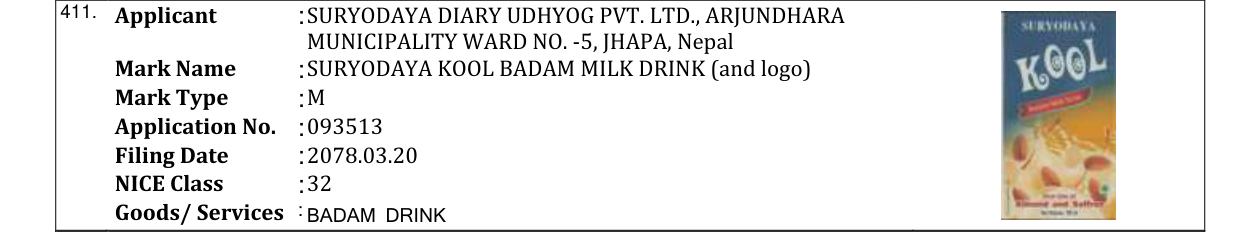 Original bulletin entry for SURYODAYA KOOL BADAM MILK DRINK (and logo)