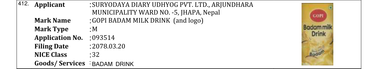 Original bulletin entry for GOPI BADAM MILK DRINK (and logo)