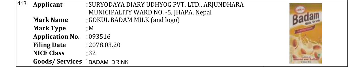 Original bulletin entry for GOKUL BADAM MILK (and logo)
