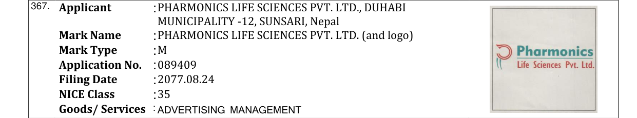 Original bulletin entry for PHARMONICS LIFE SCIENCES PVT. LTD. (and logo)