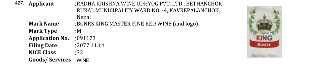 Original bulletin entry for BGNRS KING MASTER FINE RED WINE (and logo)