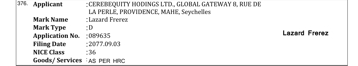 Original bulletin entry for Lazard Frerez