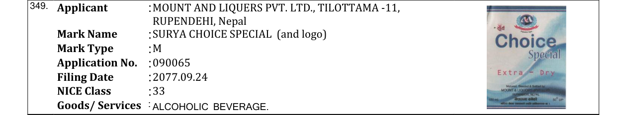 Original bulletin entry for SURYA CHOICE SPECIAL (and logo)