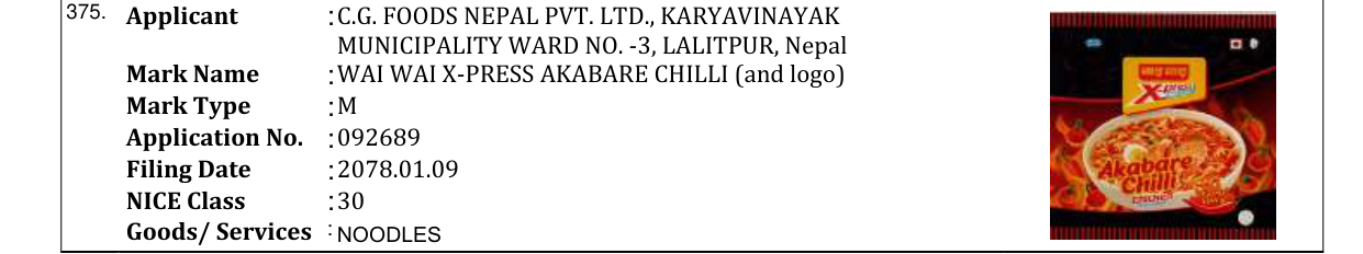 Original bulletin entry for WAI WAI X-PRESS AKABARE CHILLI (and logo)