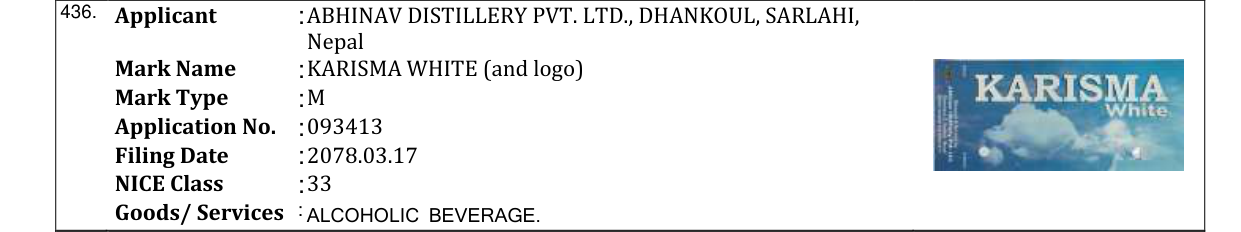 Original bulletin entry for KARISMA WHITE (and logo)