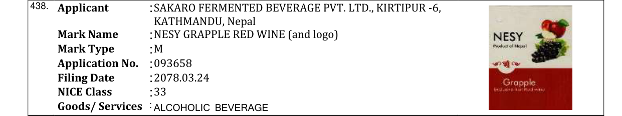 Original bulletin entry for NESY GRAPPLE RED WINE (and logo)