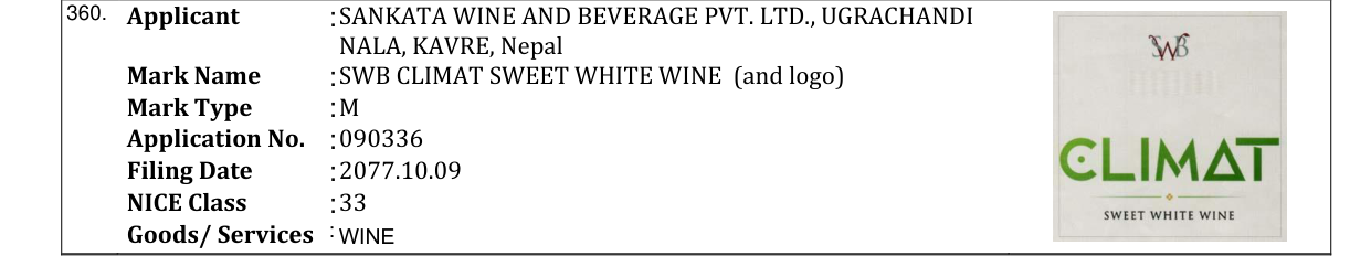 Original bulletin entry for SWB CLIMAT SWEET WHITE WINE (and logo)