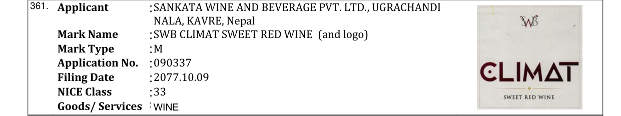 Original bulletin entry for SWB CLIMAT SWEET RED WINE (and logo)