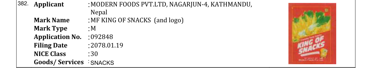 Original bulletin entry for MF KING OF SNACKS (and logo)
