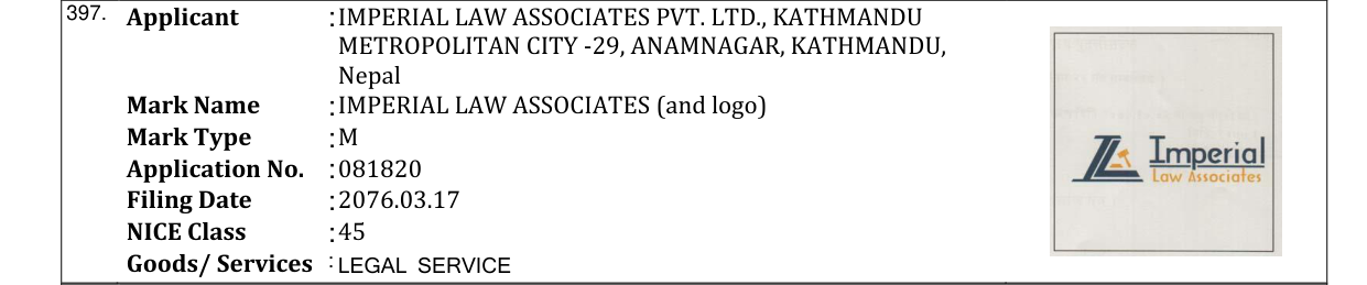 Original bulletin entry for IMPERIAL LAW ASSOCIATES (and logo)