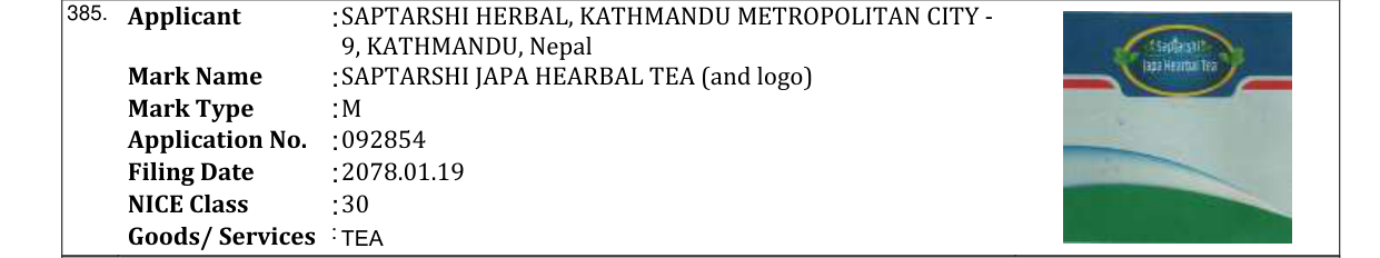 Original bulletin entry for SAPTARSHI JAPA HEARBAL TEA (and logo)
