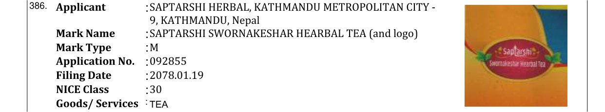 Original bulletin entry for SAPTARSHI SWORNAKESHAR HEARBAL TEA (and logo)
