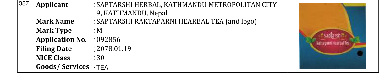 Original bulletin entry for SAPTARSHI RAKTAPARNI HEARBAL TEA (and logo)