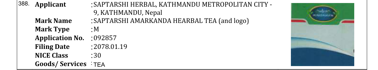 Original bulletin entry for SAPTARSHI AMARKANDA HEARBAL TEA (and logo)