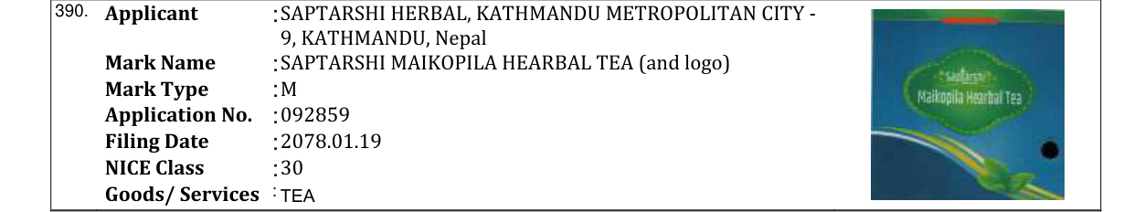 Original bulletin entry for SAPTARSHI MAIKOPILA HEARBAL TEA (and logo)