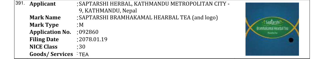 Original bulletin entry for SAPTARSHI BRAMHAKAMAL HEARBAL TEA (and logo)