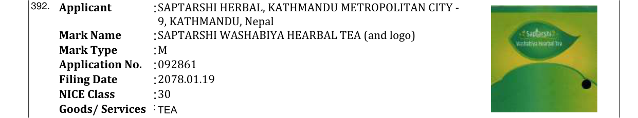 Original bulletin entry for SAPTARSHI WASHABIYA HEARBAL TEA (and logo)