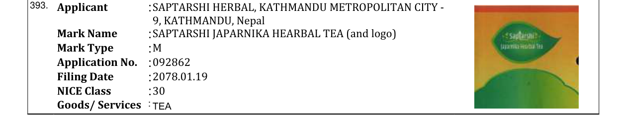 Original bulletin entry for SAPTARSHI JAPARNIKA HEARBAL TEA (and logo)