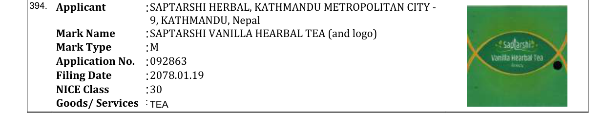 Original bulletin entry for SAPTARSHI VANILLA HEARBAL TEA (and logo)