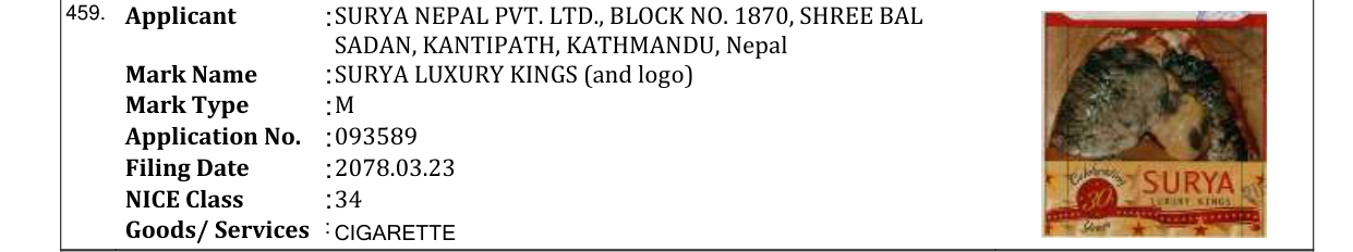 Original bulletin entry for SURYA LUXURY KINGS (and logo)