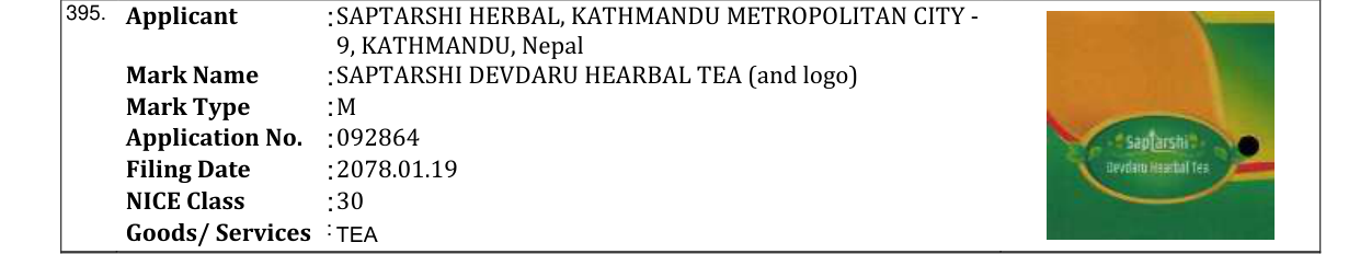 Original bulletin entry for SAPTARSHI DEVDARU HEARBAL TEA (and logo)