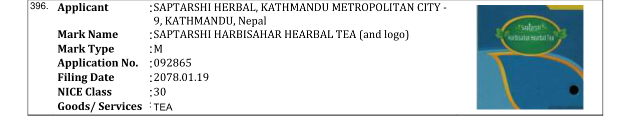 Original bulletin entry for SAPTARSHI HARBISAHAR HEARBAL TEA (and logo)